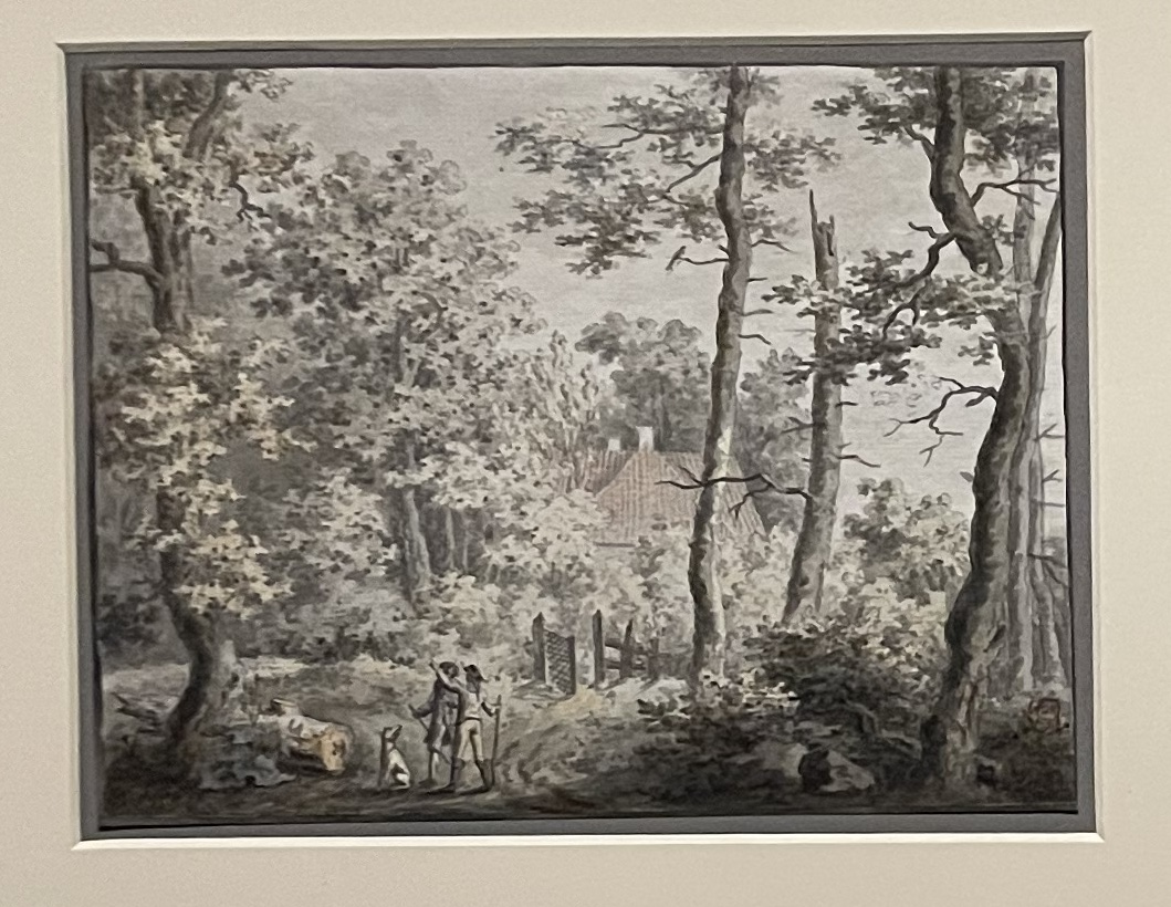 A cottage in the forest, two hunters with their dog approaching it.